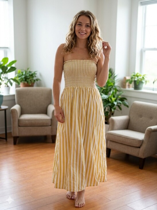 a new day Dresses & Skirts - Beautifuk A New Day Yellow/White Strapless Smocked Midi Dress Sz Size Large L